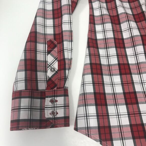 Talbots Top Womens 6 Red White Tartan Plaid Button Up Long Sleeve Cotton Stretch - Picture 8 of 12